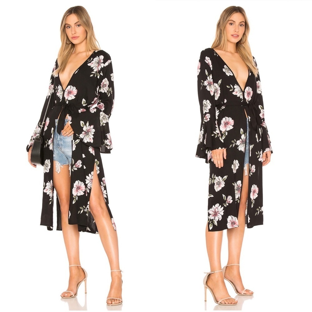 Band of Gypsies Black Floral Bell Sleeve Midi Kimono Duster XS S NWT